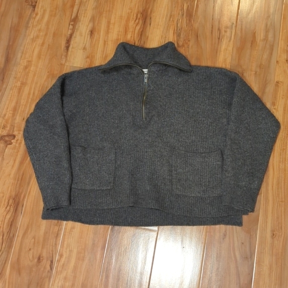 Madewell Women's Large Boxy Cropped Merino Wool Blend Half-Zip Charcoal Sweater - Picture 1 of 8